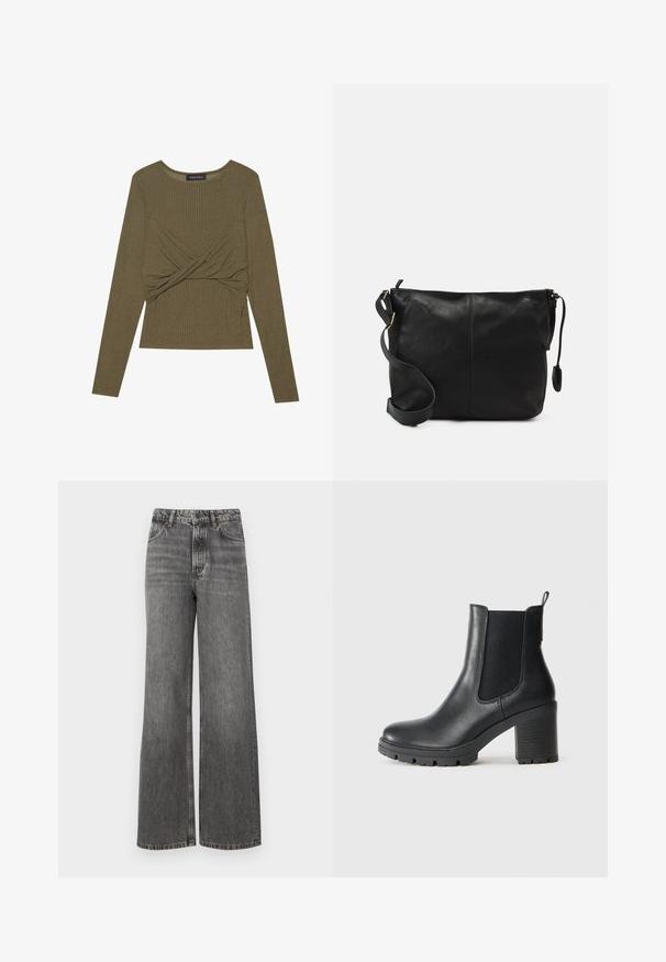 Olivovo zelený dlhý rukáv top vyrobený z ribbovaného materiálu, s prekrúteným predným dizajnom a okrúhlym výstrihom.; Džínsy s širokými nohavicami v vyblednutej čiernej denim. Majú vysoký pás, päť vreciek a kontrastné švy. Hladká textúra s mierne opotrebovaným vzhľadom.; Čierna kožená kotníková obuv s elastickými bočnými panelmi, robustná guma podrážka a vysoký blokový podpätok. Obsahuje pútko na zadnej strane.; Čierna kožená crossbody taška s plochým tvarom, zlatými kovovými akcentmi a nastaviteľným popruhom. Hladký povrch s minimálnymi švíkmi.
