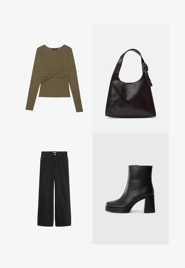 Camisola de manga longa verde-azeitona feita de tecido canelado, com um design frontal torcido e decote redondo.; Jeans de denim preto de perna larga com cintura alta. Apresenta cinco bolsos, ferragens metálicas e um acabamento limpo. A textura é suave e macia.; Bota de couro preta até ao tornozelo com salto bloco e sola com plataforma, vista de lado sobre um fundo branco liso.; Bolsa de ombro em pele castanha com uma textura suave, forma arredondada, alça larga e um detalhe metálico circular na pega.