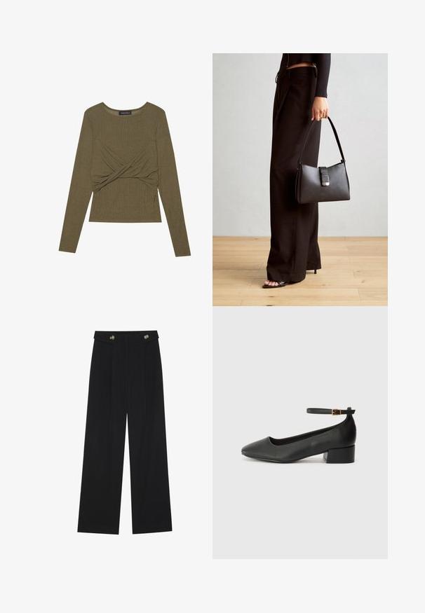 Maslina zelena duga rukava majica od rebraste tkanine, s uvrnutim prednjim dizajnom i okruglim izrezom.; Crne hlače širokih nogavica s visokim strukom, s dugmadi na pojasu i prednjim nabora.; Crne kožne pumpe s oštrim vrhom i niskom blok petom. Sadrže remen oko gležnja s zlatnim kopčanjem. Glatka tekstura.; Crna torba s oblikom koji sadrži strukturu, glađu teksturu i metalnu kopču. Uparena s širokim crnim hlačama i sandalama na otvorenom s drvenog poda.