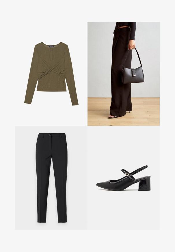 Olivenfarget langermet topp laget av ribbestrikket stoff, med en vridd frontdesign og rund hals.; Sorte tettsittende bukser i glatt stoff, med klassisk midjebånd, frontal glidelås og sidelommer, med en strømlinjeformet, skreddersydd design.; Sorte lakk lær slingback hæler med spiss tå, et avrundet utskjæringsdesign og blokkheel. Har en gulltone spenne som detalj.; Svart håndveske med strukturert form, jevn tekstur og metallisk lås. Kombinert med brede svarte bukser og sandaler med åpen tå på tregulv.