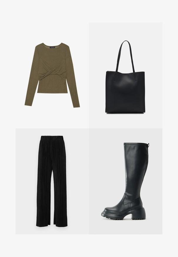 Olijfgroene lange mouw top van ribstof, met een gedraaid voorontwerp en een ronde halslijn.; Zwarte geplooide broek met een elastische tailleband. Beschikt over wijde pijpen en een glad, gestructureerd stof met verticale strepen.; Hoge zwarte leren laars met een chunky plateauzool en blokhak, voorzien van een trekband en een gestructureerd profiel op de buitenzool.; Zwarte leren handtas met een gladde textuur, rechthoekige vorm en twee lange handvaten. Geen zichtbare hardware of versieringen.