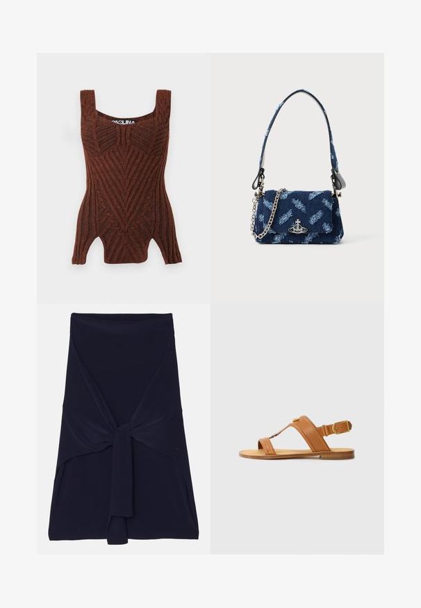 Pruun kudumiga tank top ribakujulise tekstuuriga, geomeetriliste mustritega, laiade õlavarre rihmadega ja kehakujulise siluetiga.; Tumesinine mähkme seelik, mis on valmistatud pehmest, venivast kangast, millel on ees sõlmes kujundus, silmapaistva sileda tekstuuri ja täpselt viimistletud servadega.; Pruunid nahast sandaalid reguleeritava pahkluu rihmaga, lame tald ja risti ülemised rihmad. Sile tekstuur, minimaalne disain, kuldsed detailid.; Tumesinise kangaga käekott, millel on tekstuuriga disain, hõbedased detailid ning eemaldatav kettrihm. Omab klapiga sulgemist ja logo aktsenti.