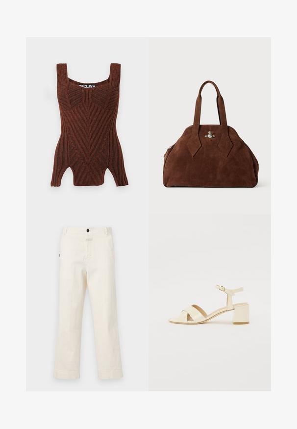 Bruine gebreide tanktop met een ribbelstructuur, voorzien van een geometrisch patroon, brede schouderbanden en een aansluitende pasvorm.; Beige katoenen broek met een recht model, voorzien van een voorknoopsluiting en een zak met een ronde knoopaccent.; Beige gepolijst lederen sandalen met hakken, voorzien van een kruisbandontwerp, open teen, verstelbare enkelband en een blokhak. Gladde textuur.; Bruine suède handtas met een gestructureerde vorm, ronde body en verlengde ruitvormige handvatten. Voorzien van een sluiting met zilveren hardware.