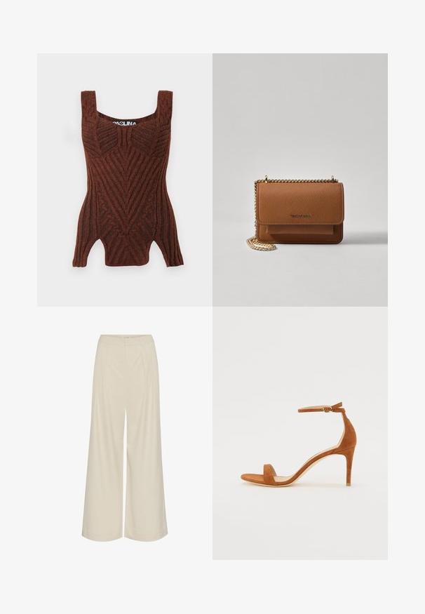 Barna kötött ujjatlan póló bordás textúrával, geometriai mintával, széles pántokkal és testhez álló sziluettel.; Széles szárú nadrág, világos bézs színű anyagból, pliszírozással, magas derékkal és sima textúrával, látható díszítések nélkül.; Barna velúr magassarkú szandál vékony bokapánttal, arany csattal, nyitott orral és letisztult, minimalista dizájnnal.; Barna textúrájú bőr keresztbody táska arany lánc pánttal és fedélzárral. Az elején logó részlet és egy zseb található a fedél alatt.