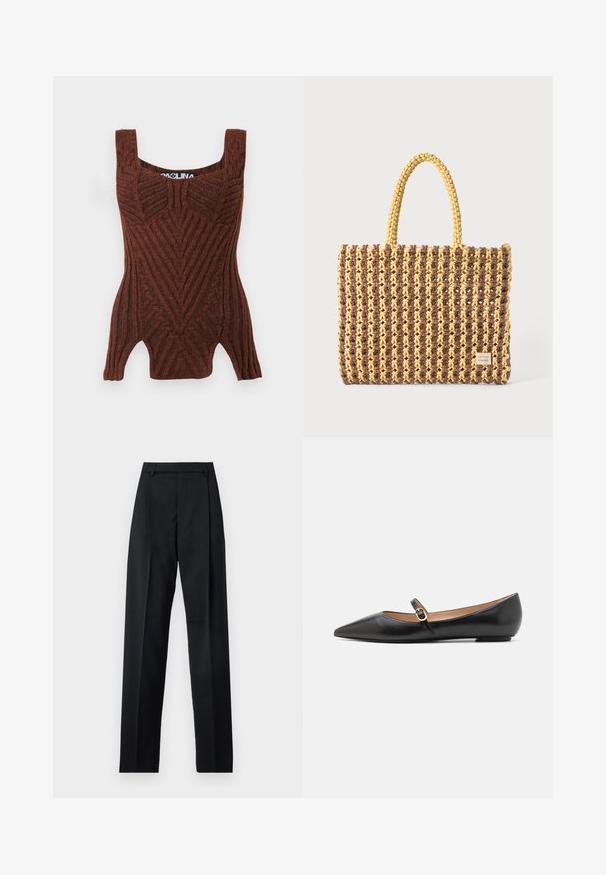 Ruda megzta pantyltė su vagotu raštu, platesnėmis petnešėlėmis ir prigludusia siluetu.; Juodos kelnės iš lygaus audinio, pasižyminčios aukštu liemeniu, plačiomis kojomis, priekinėmis klostėmis ir klasikiais diržo kilpomis. Šoninių kišenių nematyti.; Juodos odinės baleto bateliai su smailiu pirštu ir šoniniu dirželiu, papuoštu apvaliu auksiniu akcentu. Lengvi su plokščiu padu.; Ruda ir geltona audinio rankinė, turinti stačiakampį formą, dvi rankenas ir tekstūruotą paviršių su matomais siūlėmis bei prekių ženklu.