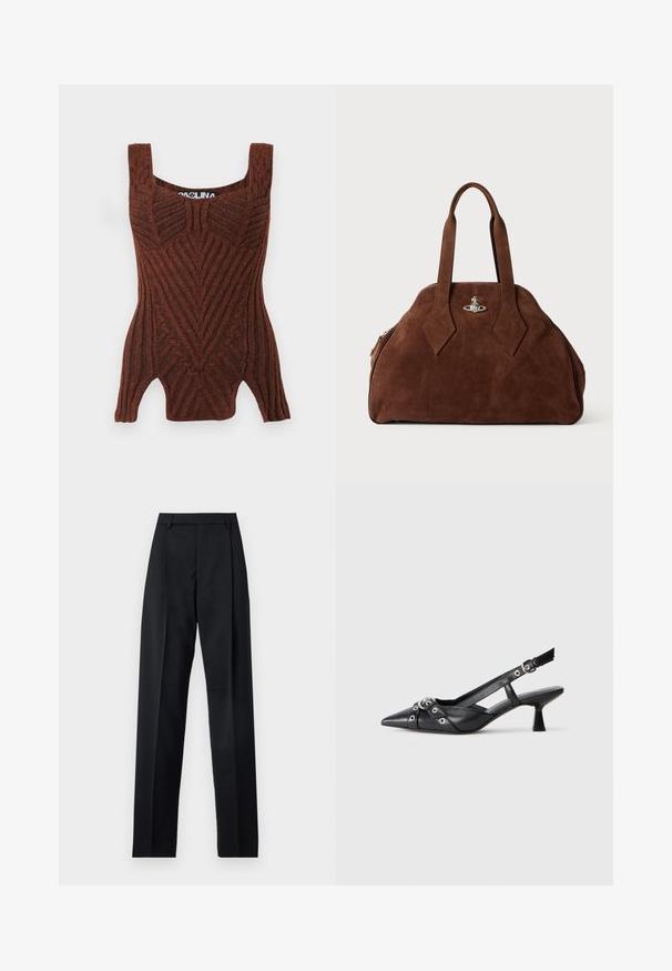Brun stickad linne med ribbat mönster, breda axelband och en figurnära silhuett.; Svarta byxor i mjukt tyg med hög midja, vida ben, framfickor och klassiska bältesöglor. Inga sidofickor synliga.; Svart lädersko med slingback-design, spetsig tå, dekorativa remmar med metallöglor och en låg klack. Texturerad yta.; Brun mockaskinnsväsk med en strukturerad form, rundad kropp och avlånga, diamantformade handtag. Har en silverfärgad låsning.
