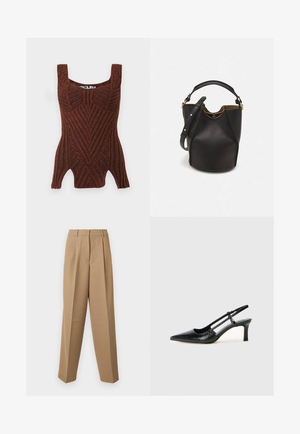 Brūns adīts bez piedurknēm topiņš ar ribotu tekstūru, kuram ir ģeometriska raksts, platas plecu siksnas un pieguļoša silueta.; Bēšas stilīgas bikses ar augstu jostasvietu, kroku priekšpusi un platām kājām. Audums izskatās gluds ar vieglu spīdumu.; Melna patent āda ar slīdošo papēdi un smailo purngalu, ar teksturētu čūsku drukājumu, regulējamu siksniņu un īsu teksturētu blokpapēdi.; Melnas ādas spainīša somas ar teksturētu apdari, zelta metāla aksesuāriem un atvērtu augšu. Piedāvā īsu rokturi un regulējamu plecu siksnu.