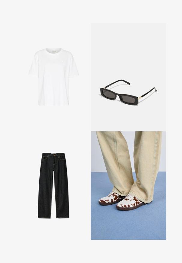 Tricou alb din bumbac cu croi lejer, mâneci scurte, guler rotund și un logo mic în formă de inimă pe partea stângă a pieptului. Textură netedă.; Blugi din denim închise la culoare, cu un design drept, închidere cu nasture din alamă și cusături galbene contrastante. Dispune de cinci buzunare și o croială clasică.; Tenisi albi cu model maro, confecționați din plasă și piele, având talpă din cauciuc maro. Asortați cu pantaloni lejeri de culoare bej deschis, cu croială largă.; Ochelari de soare rectangulari negri cu lentile întunecate, rame din plastic lucios și accente aurii pe tample. Design minimalist și formă elegantă.