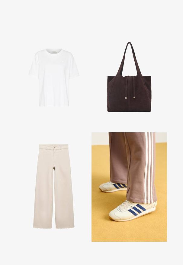 Bijela pamučna majica s opuštenim krojem, kratkim rukavima, okruglim izrezom i malim logotipom srca na lijevoj strani prsnog područja. Glatka tekstura.; Bež traperice širokih nogavica s visokim strukom, s kopčanjem na gumb, prednjim džepovima i strganim rubovima. Izrađene od trapera.; Kremasti tenisice s plavim suedenim prugama, bijelim vezicama i gumenim potplatom. Upareni s sivim trenirkama koje imaju bijele bočne pruge.; Mango Velika torba - dark brown