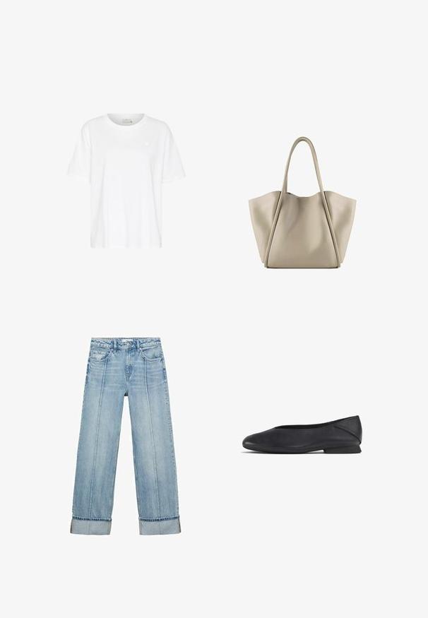 Bijela pamučna majica s opuštenim krojem, kratkim rukavima, okruglim izrezom i malim logotipom srca na lijevoj strani prsnog područja. Glatka tekstura.; Svijetloplave traper široke hlače s visokim strukom, s pet džepova, vidljivim šavovima i okrenutim rubovima na manžetama.; Crna kožna ravna cipela s okruglim prstom i niskom petom, dizajnirana za svakodnevno ili formalno nošenje.; Bež kožna torba s dovoljno prostora i strukturiranim dizajnom. Ima dva dugačka ručka i suptilne detalje šivanja; bez vidljivih metalnih dijelova.