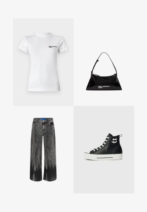 T-shirt bianca in cotone con collo tondo. Presenta maniche corte e un logo nero con la scritta "KARL LAGERFELD JEANS" sulla parte sinistra del petto.; Jeans a gamba larga in denim nero sbiadito, con effetto dip-dye, accessori in acciaio e un classico design a cinque tasche con vita standard.; Sneaker nere alte in pelle con suola in gomma bianca, caratterizzate da una grafica di un gatto con occhiali da sole sul lato esterno.; Borsa a tracolla in pelle verniciata nera con forma triangolare, dotata di zip superiore e tracolla regolabile. Logo "KARL LAGERFELD JEANS" in argento.