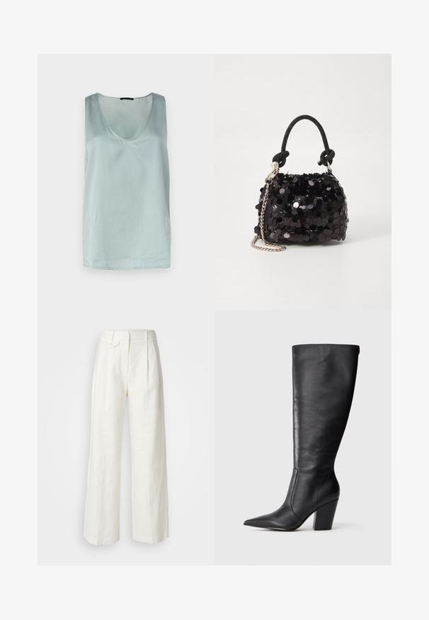 Lys blå, ermeløs tanktop med rund halslinje. Glatt tekstur, minimalistisk design og rett nederkant. Laget av lett stoff.; Hvite lin bredbukser med frontfold, en enkelt knappelukking og sidelommer, med en jevn tekstur og strukturert design.; Svart knelange lærstøvlett med spiss tå og kraftig høy hæl, vist i venstre profil på hvit bakgrunn.; Svart paljettmini-veske med en knyttet teksturert stropp og sølvkjede. Rund form med samlet topp og reflekterende detaljer.