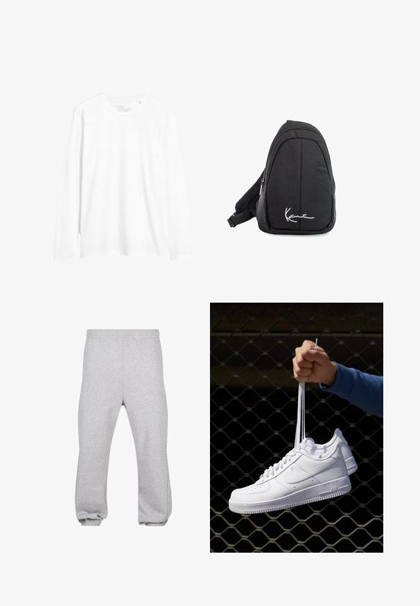 Tricou alb cu mânecă lungă din bumbac. Are un guler tip crew, o croială slim și slits laterale la margine. Design simplu, fără modele.; Pantaloni de trening gri din material din amestec de bumbac, cu talie elastică, picioare îngustate și margini manșonate. Design simplu, fără modele.; Adidași albaștri din piele cu perforații, vârf rotund, talpă plată și șireturi groase, cu un logo swoosh vizibil și cu inscripția "AIR" pe toc.; Rucsac tip sling din țesătură neagră, cu o textură netedă, având un design curbat, compartiment cu fermoar și un logo alb pe partea din față.