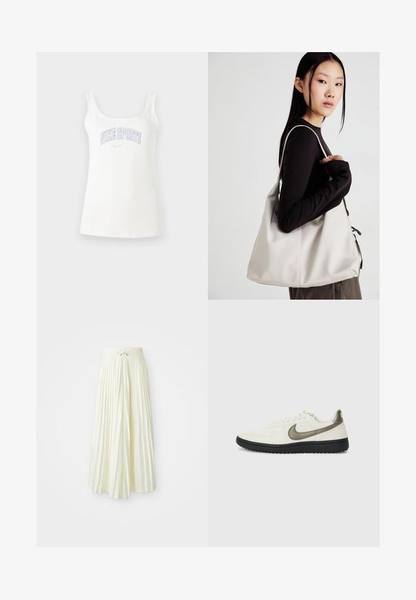 White tank top in cotton blend, featuring wide shoulder straps and “NIKE SPORTS” graphic in light purple across the chest. Smooth texture.; Pleated midi skirt in light yellow fabric, featuring an elastic waistband with a tie, smooth texture, and vertical stripes for added detail.; Nike Sportswear FIELD GENERAL - Trainers - off-white/black; Beige handbag made of soft material, featuring a slouchy design, stitched detailing, and two shoulder straps. Suitable for everyday use.