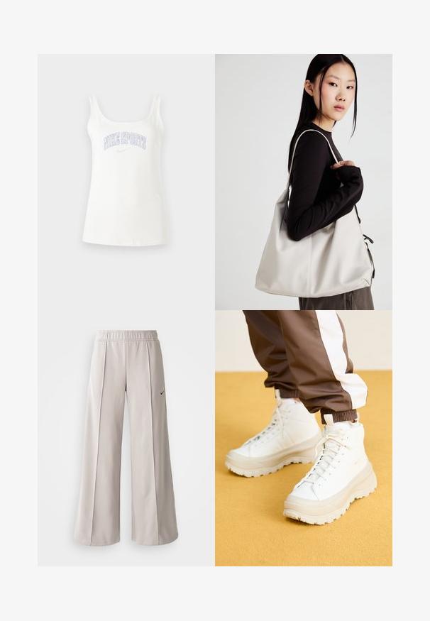 T-shirt sem mangas em mistura de algodão, com largas alças e gráfico "NIKE SPORTS" em lilás claro no peito. Textura suave.; Calças largas de tom cinza claro feitas de tecido suave. Apresentam uma cintura elástica e o logo da Nike em preto no lado esquerdo.; Ténis brancos de cano alto com uma sola grossa e texturizada, apresentando um cabedal liso, bico redondo e atacadores tonalizados, sobre um fundo amarelo.; Uma bolsa bege feita de material macio, com um design descontraído, detalhes de costura e duas alças para o ombro. Adequada para uso diário.