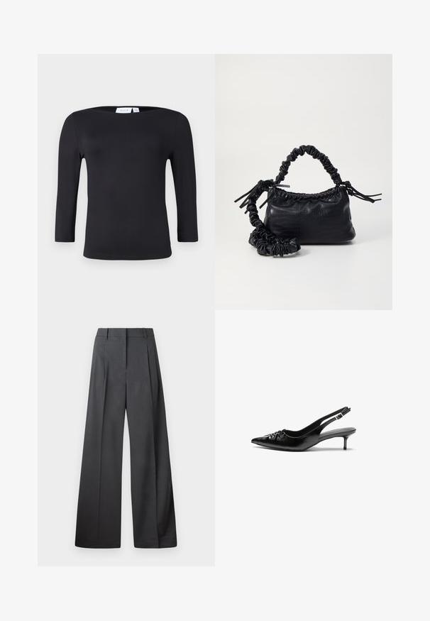 T-shirt preto de manga longa com decote redondo, feito de um tecido liso e elástico. Apresenta uma silhueta ajustada e sem padrões ou detalhes visíveis.; Calças de perna larga em tecido cinza escuro, apresentando uma cintura alta, pregas simples e uma textura suave com um acabamento limpo nas bainhas.; Sapatos de salto alto slingback em couro preto com bico fino, pequeno salto kitten e um detalhe decorativo em forma de nó na parte da frente. Textura suave em toda a parte.; Bolsa de mão em couro sintético preto com textura de crocodilo, topo franzido e alça enrugada. Apresenta um design suave e compacto.
