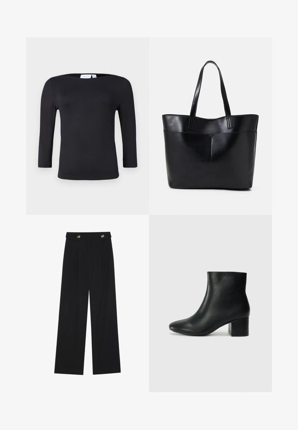 T-shirt preto de manga longa com decote redondo, feito de um tecido liso e elástico. Apresenta uma silhueta ajustada e sem padrões ou detalhes visíveis.; Calças largas pretas com cintura alta, detalhes em botão na cintura e pregas frontais.; Botas de tornozelo em pele preta com bico pontiagudo e um salto robusto. Textura suave com acentos mínimos e um design ajustado e elegante.; Bolsa tote preta em couro com duas alças longas, textura suave e forma estruturada. Apresenta um bolso frontal para armazenamento adicional.