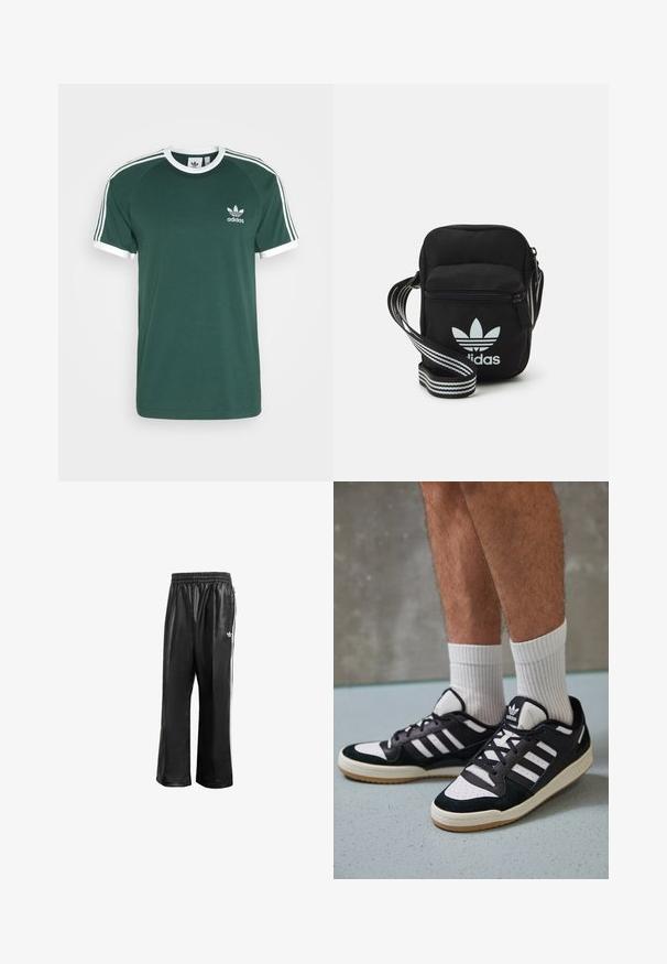 T-shirt de algodão verde com detalhes brancos, apresentando um decote redondo, mangas curtas e três riscas brancas nos ombros. Logótipo da Adidas no peito.; Calças de treino sintéticas pretas com um cós elástico, apresentando riscas laterais brancas e um pequeno logótipo branco no quadril esquerdo.; Ténis em preto e branco com upper em camurça e couro, apresentando três riscas brancas, um toe perfurado e uma sola em borracha de goma.; Sacolinha transversal de tecido preto com fecho de zíper, apresentando um logo da Adidas em branco e uma alça ajustável listrada para facilitar o transporte.