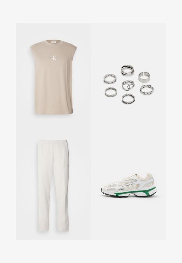 T-shirt bege sem mangas feita de algodão macio, com decote redondo, design de logótipo sutil em branco e roxo claro, e uma bainha reta.; Lacoste Calças de fato de treino - hammam; Sapatilha branca com detalhes verdes e sola de borracha preta. Apresenta painéis em malha e sintéticos, com um acabamento texturizado e costura visível.; Conjunto de sete anéis de prata com vários designs, incluindo padrões torcidos, entrelaçados e gravados. Diferentes formas e larguras.