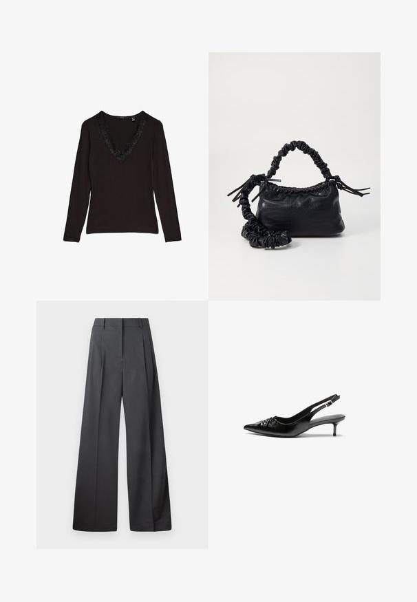 Čierny top s dlhým rukávom a hlbokým výstrihom do tvaru V, zdobený dekoratívnou čipkovou lemy okolo goliera. Hladká látka s priliehavým strihom.; Nohavice s širokými nohavicami z tmavošedej látky, s vysokým pásom, jedinými záhybmi a hladkou textúrou s čistým zakončením na lemoch.; Čierne kožené slingback podpätky s ostrou špičkou, malým podpatkom a dekoratívnym uzlom vpredu. Hladký povrch po celom obvode.; Čierna umelá kožená kabelka s kroko vzorom, sťahovaným vrchom a zhnutým popruhom. Vyzerá mäkko a kompaktné v dizajne.