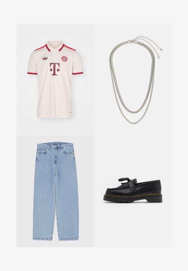 Lys beige polo skjorte med røde detaljer, der har krave, korte ærmer og et struktureret mønster. Logoerne inkluderer Adidas og Bayern München.; Lyseblå denimjeans med straight leg-design, der har en mid-rise talje, fem lommer og en lukning med knap og lynlås.; Sort læderloafer med en frynsedetalje, der har en kraftig sort sål og gul syninger langs kanten. Teksturert overflade.; Tre-lags sølvmetal halskæde med slanke, flexible kæder med en let glans, sikret med en hummerlås og justerbar kæde.