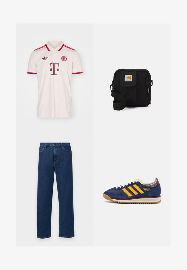 Jasbeżowa koszulka polo z czerwonymi akcentami, z kołnierzykiem, krótkimi rękawami i teksturowanym wzorem. Logo to Adidas i Bayern Monachium.; Granatowe dżinsy prostego kroju z kieszeniami z przodu i zapięciem na guzik, zaprezentowane na jednolitym białym tle.; Granatowe zamszowe sneakersy z żółtymi paskami, białymi sznurowadłami i burgundowymi akcentami. Teksturowana podeszwa z rowkami zapewniającymi przyczepność. Logo marki na boku.; Czarna torba na ramię z zamykaną na zamek główną komorą, przednią kieszenią, regulowanym paskiem oraz widoczną łatką z logo na klapie.