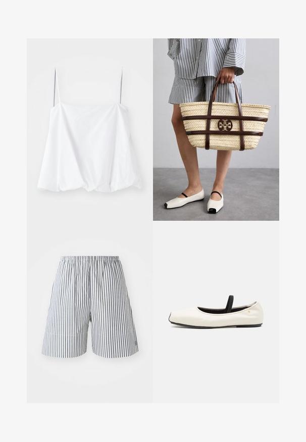 Weißes ärmelloses Oberteil mit dünnen Trägern, aus leichtem Stoff gefertigt. Es zeichnet sich durch ein lockeres Design und eine geraffte Textur am Saum aus.; Hemd mit Knöpfen in Blau-Weißen Streifen. Verfügt über einen klassischen Kragen, lange Ärmel, eine Brusttasche und knöpfbare Manschetten.; Gestreifte Shorts aus Baumwolle in Marineblau und Weiß, mit einem elastischen Bund und lässiger Passform. Mittellange, bis zur Mitte des Oberschenkels, mit dezenten Nähdetails.; Flache Ballettschuhe aus weißem Leder mit abgerundeter Spitze, schwarzem elastischem Riemen und kleinem goldenen Emblem nahe der Ferse. Weiche Textur und minimalistisches Design.; Geflochtene Strohtasche mit braunen Lederakzenten und -griffen. Besitzt ein ausgeschnittenes Logo und kontrastierende horizontale Bänder.