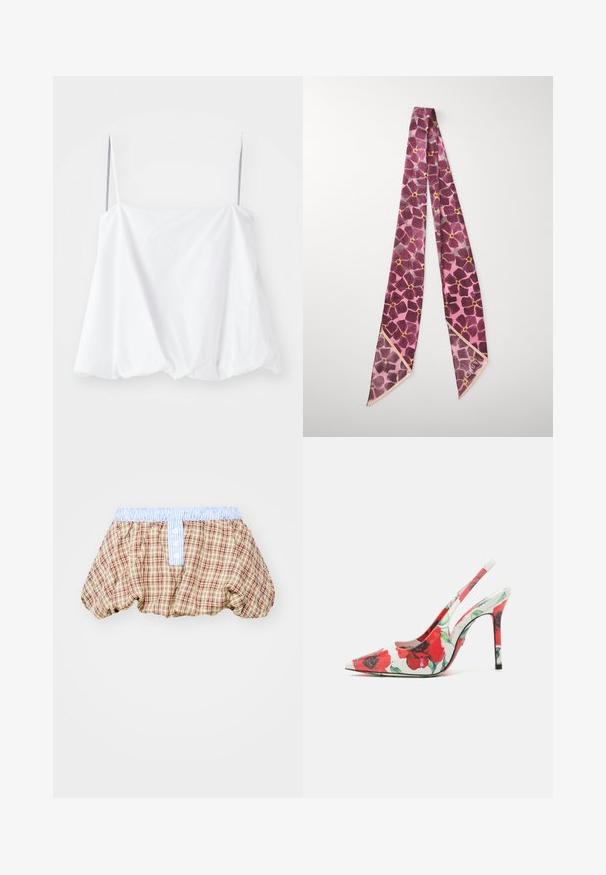 White sleeveless top with thin straps, made from lightweight fabric. Featuring a loose design and gathered texture at the hem.; Checkered puffed shorts in brown, beige, and red with a light blue striped waistband and button details on the front.; Slingback high-heeled shoe with a pointed toe, white surface featuring a red floral pattern, and a slender heel. Textured finish.; Silk scarf featuring a purple and pink floral pattern with yellow accents, rectangular shape, and a smooth texture. Edged in light pink.