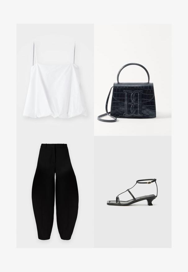 Top branco sem mangas com alças finas, feito de um tecido leve. Apresenta um design solto e textura franzida na bainha.; Calças largas pretas com uma cintura alta, frente plissada e tornozelos afunilados. Feitas de um tecido suave com um acabamento mate.; Sandália de couro preta com biqueira quadrada, tiras finas, correia ajustável no tornozelo e um salto baixo. Possui um pequeno detalhe em ouro na tira.; Bolsa de pele preta com estampa de crocodilo, de design estruturado, com alça de mão, correia ajustável e um detalhe de logotipo em destaque na frente.