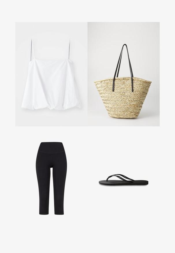 Witte mouwloze top met dunne bandjes, gemaakt van lichtgewicht stof. Met een losse pasvorm en geplooide textuur aan de onderrand.; Zwarte driekwart leggings van rekbare stof, met een hoge tailleband en zonder zichtbare patronen of hardware.; Zwarte flip-flop met een gestructureerde rubberen zool, twee slanke banden en een subtiele, ingedrukte logo-detail op de band.; Gevlochten stro tote bag met een brede, taps toelopende vorm, voorzien van twee zwarte leren handvaten. Natuurlijke beige kleur met een gestructureerd oppervlak.