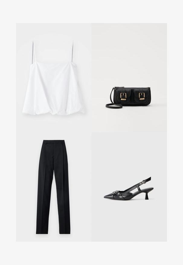 Top bianco senza maniche con spalline sottili, realizzato in tessuto leggero. Caratterizzato da un design largo e una texture arricciata all'orlo.; Pantaloni neri realizzati in tessuto morbido, caratterizzati da vita alta, gambe larghe, pince frontali e classiche passanti per cintura. Non ci sono tasche laterali visibili.; Scarpa slingback nera in pelle con punta affusolata, cinturini decorativi con occhielli metallici e tacco basso a blocco. Superficie testurizzata.; Borsa a tracolla nera in pelle con due tasche frontali, fibbie dorate, chiusura con zip e una tracolla sottile. Superficie texturizzata e forma rettangolare compatta.