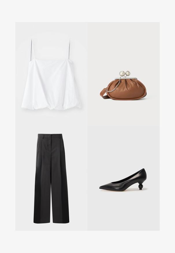 Haut sans manches blanc avec de fines bretelles, fabriqué en tissu léger. Présentant un design ample et une texture froncée à l'ourlet.; Pantalon large noir avec une taille haute, doté de plis avant, d'une texture lisse et d'une finition ajustée. Conçu pour un ajustement décontracté.; Chaussure à talon haut en cuir noir avec un bout pointu et un talon arrondi. Texture lisse avec un design épuré et minimal.; Pochette en cuir marron avec un fermoir à boule en argent et un petit détail en chaîne argentée sur fond blanc.