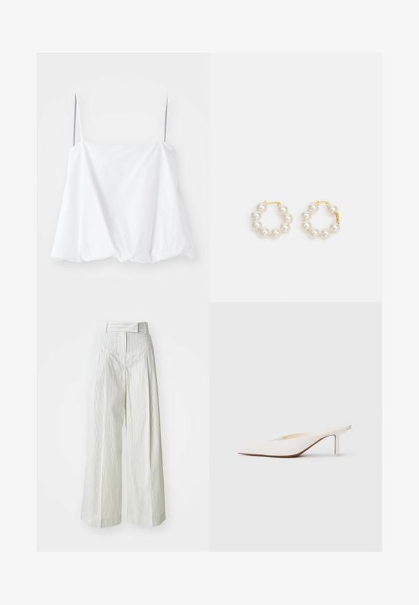 Hvid ærmeløs top med tynde stropper, lavet af letvægtsstof. Den har et løst design og rynket tekstur ved kanten.; Løse bukser i lys grøn med lodrette hvide striber. Har høj talje, bæltestropper og en glat bomuldsstruktur.; Spids-tået hvid mule med en lav stilettohæl. Fremstillet af glat materiale med et minimalistisk design og diskret tan såldetalje.; Perle hoop øreringe med en guldtonet metalclasps. Designet inkluderer flere glatte, hvide perler i en cirkulær form.
