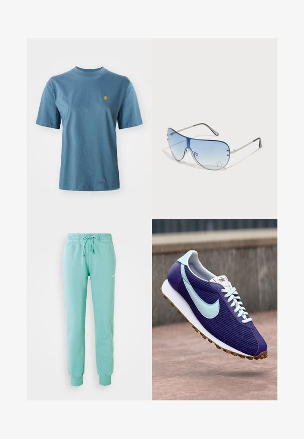 Šviesiai mėlynas medvilninis marškinėliai trumpomis rankovėmis ir eglutės apykakle. Papuoštas mažuoju geltonu logotipu kairėje krūtinės pusėje.; Mėtyni žalios spalvos sportinės kelnės su elastinga juosta, raišteliu ir raukinėtais rankogaliais. Kairiajame šlaunyje yra mažas baltas Nike logotipas.; Violet Nike sportbačiai su šviesiai mėlynu swoosh, baltais raišteliais ir guminiu padu, rodomi ore virš betoninio paviršiaus lauke.; Aviatoriai akiniai su gradientiniais mėlynais objektyvais, sidabriniu metaliniu rėmu ir dekoratyvinėmis žvaigždžių akcentais ant objektyvų. Lygaus ir stilingo dizaino.