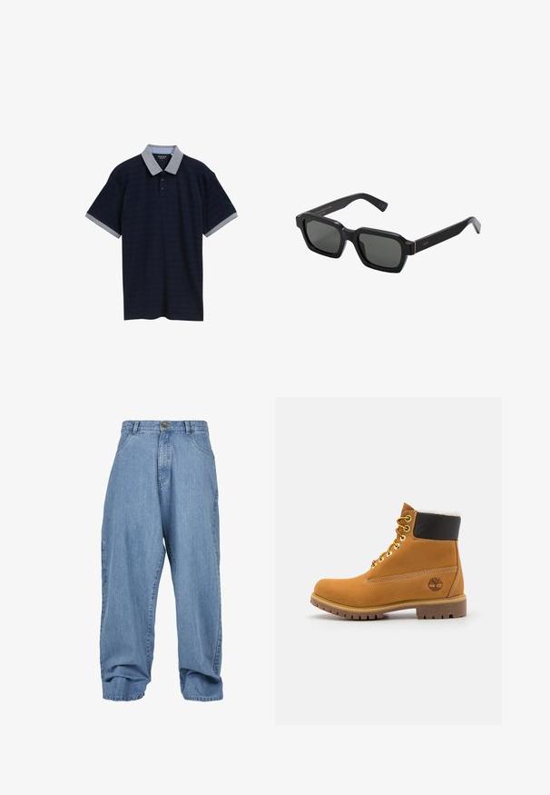 Marineblauw polo-shirt met gestructureerde horizontale strepen. Heeft een lichtgrijze kraag en mouwmanchetten, en een knoopsluiting met drie knopen.; Lichtblauwe denim broek met een losse fit, knoopsluiting, voorzakken en een opgekrulde zoom, met een klassieke vijf-zakken ontwerp.; Bruine leren enkellaars met metalen oogjes, witte faux bont voering, zwarte gewatteerde kraag, robuuste zool en een reliëflogo aan de zijkant.; Zwarte, vierkantvormige zonnebril met grijzige lenzen. Dikke plastic montuur met gouden accenten en branding op de poot. Soepele textuur.