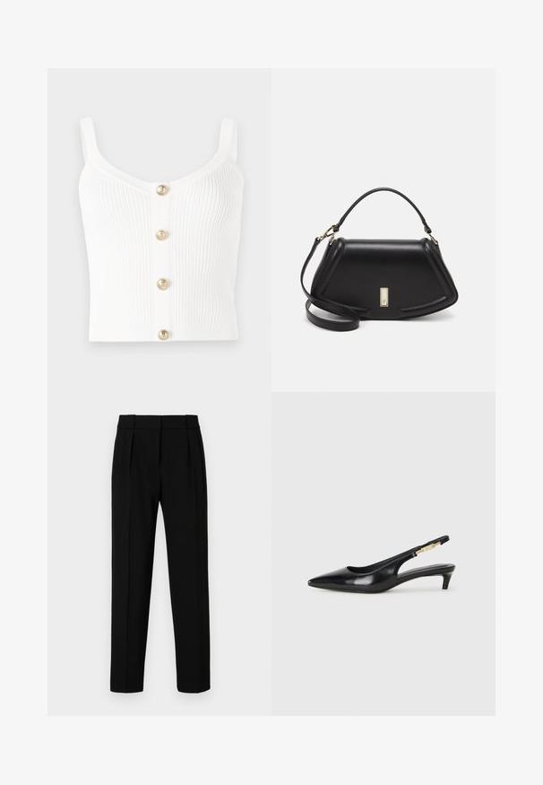 White ribbed knit tank top featuring a scoop neckline and five gold-tone buttons down the center. Smooth texture with slim straps.; Black tailored trousers with a straight fit, pleated front, polished fabric, and a medium waistband. No visible pockets or hardware details.; Black leather slingback heels with a pointed toe, featuring a slim heel and a gold-tone accent on the adjustable strap. Smooth texture.; Black leather handbag with a structured design, featuring a cropped shape, top handle, and gold hardware accent. Adjustable shoulder strap included.