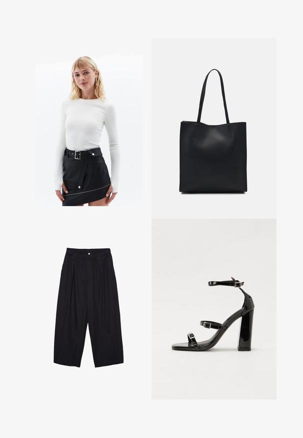 Weißes, geripptes Langarmoberteil kombiniert mit einem schwarzen Lederminirock. Der Rock verfügt über einen Gürtel, Druckknopfverschlüsse und einen Reißverschlussdetails.; Schwarze Polyester-Culotte mit einem elastischen Bund, zwei vorderen Falten und einer lockeren Silhouette. Keine sichtbaren Muster oder Hardware-Details.; Schwarze patentierte Sandalen mit Absatz, quadratischer Spitze, Knöchelriemen und silbernen Schnallen. Mit einem stabilen Blockabsatz für mehr Stabilität.; Schwarze Laptoptasche aus Leder mit glatter Textur, rechteckiger Form und zwei langen Griffen. Keine sichtbaren Beschläge oder Verzierungen.