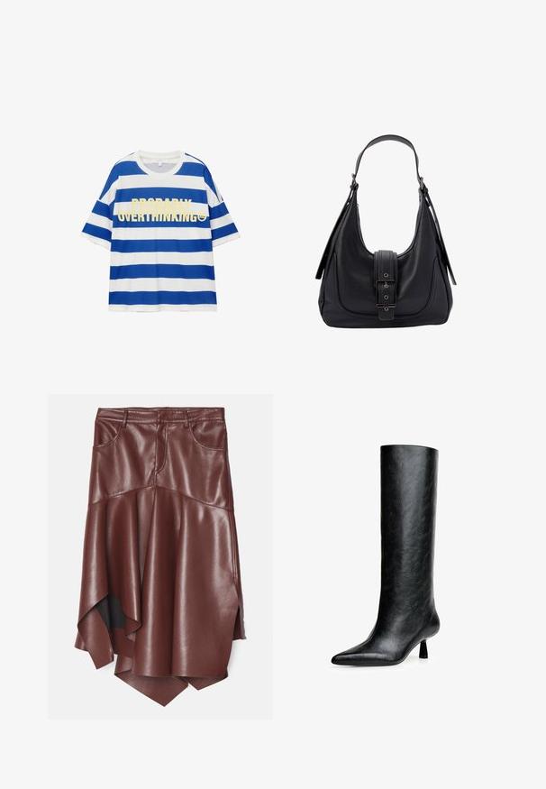 Bawełniana koszulka z niebieskimi i białymi poziomymi paskami. Posiada wyraźny żółty napis "PRAWDOPODOBNIE PRZEMYŚLAM ZA DUŻO" oraz grafikę uśmiechniętej buźki. Krótkie rękawy.; Brąskowa spódnica z ekoskóry z rozkloszowanym, asymetrycznym dołem, z dwiema przednimi kieszeniami i gładką, błyszczącą fakturą.; Czarne, wysokie botki do kolan wykonane z fakturowanej skóry. Mają spiczasty nosek i mały, rozszerzający się obcas. Elegancki, gładki design z minimalnymi akcentami.; Czarna skórzana torba na ramię z teksturowanym wykończeniem, szerokim paskiem i zapięciem na klapkę z prostokątną klamrą oraz metalowymi akcentami.