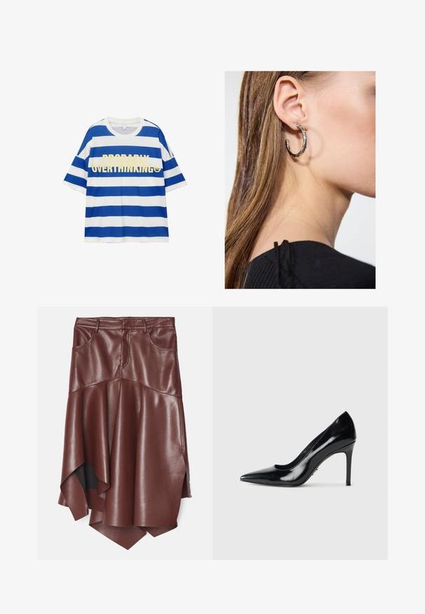 Tricou din bumbac cu dungi orizontale albastre și albe. Are text bold galben "PROBABLY OVERTHINKING" și un grafic cu o fața zâmbitoare. Mâneci scurte.; Fustă din piele ecologică maro cu o margine asimetrică și evazată, având două buzunare frontale și o textură netedă, lucioasă.; Pantofi cu toc înalt, cu vârf ascuțit, din piele sintetică neagră cu aspect lăcuit, cu toc stiletto subțire, pe fundal alb simplu.; Cercel din argint cu un finisaj polișat, având detalii mici din aur și o formă rotundă, purtat pe lobul urechii.