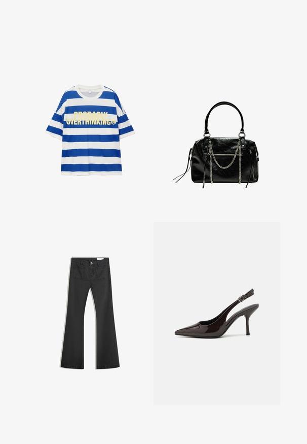 Katoenen t-shirt met blauwe en witte horizontale strepen. Bevat vetgedrukte gele tekst "WAARSCHIJNLIJK OVERDENKEN" en een smiley-afbeelding. Korte mouwen.; Zwarte flared jeans van denim met een gladde textuur, voorzien van twee achterzakken en een knoopsluiting bij de taille.; Slingback hoge hak schoen in glanzend donkerbruin patentleer, puntige neus, open zijkanten en verstelbare enkelband.; Bershka WITH CHAIN - Handtas - black