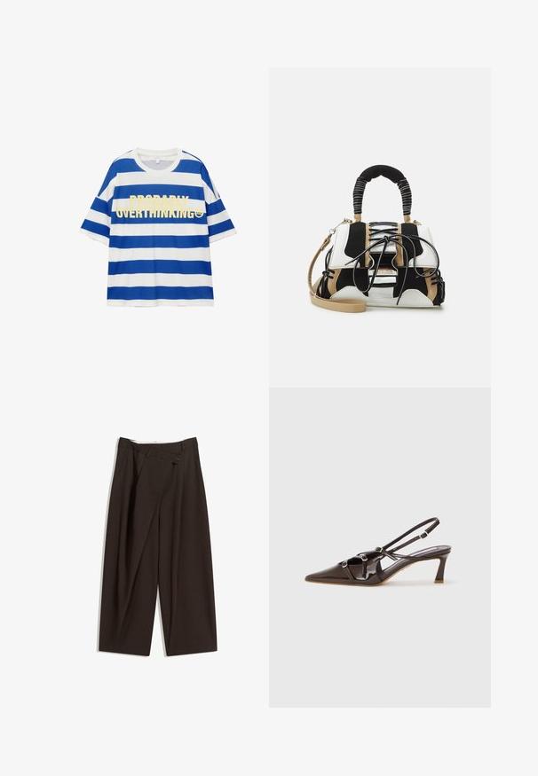 Katoenen t-shirt met blauwe en witte horizontale strepen. Bevat vetgedrukte gele tekst "WAARSCHIJNLIJK OVERDENKEN" en een smiley-afbeelding. Korte mouwen.; Donkere bruin wijde broek met een hoge taille, voorzien van een enkele knoopsluiting en een geplooide voorkant. Gemaakt van lichtgewicht stof.; Bruine gepatineerde leren slingback hak met een spitze neus, verstelbare straps en decoratieve gespen aan de voorkant. 3-inch hakhoogte.; Multikleuren handtas met zwart, wit en beige gaas. Voorzien van een textuur handle, vetersluiting en een afneembare schouderband.