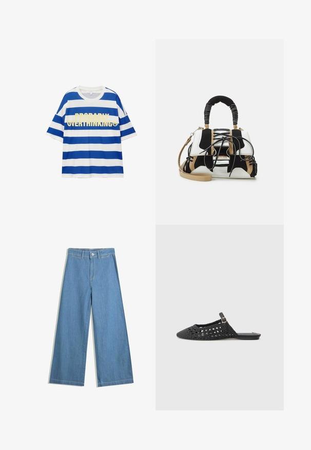 Tricou din bumbac cu dungi orizontale albastre și albe. Are text bold galben "PROBABLY OVERTHINKING" și un grafic cu o fața zâmbitoare. Mâneci scurte.; Jeans din denim de culoare albastră deschisă, cu croi larg, având închidere cu buton, bucle pentru brâu și detalii de cusătură subtile.; Pantof de tip slingback, negru, împletit, cu vârf ascuțit, material texturat, detaliu cu cataramă pe lateral și talpă plată.; Geantă multicolor cu plasă neagră, albă și bej. Dispune de o mânere texturate, design cu șireturi și curea de umăr detașabilă.