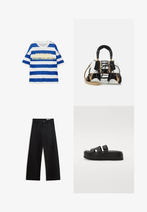 Katoenen t-shirt met blauwe en witte horizontale strepen. Bevat vetgedrukte gele tekst "WAARSCHIJNLIJK OVERDENKEN" en een smiley-afbeelding. Korte mouwen.; Zwarte denim broek met wijde pijpen en een hoge taille, voorzien van voor- en achterzakken, gestikte naden en een knoopsluiting. Gladde textuur.; Zwarte platform sandalen met twee brede banden, gemaakt van glad materiaal. Bevat een chunky zool met een geprofileerde onderkant voor grip.; Multikleuren handtas met zwart, wit en beige gaas. Voorzien van een textuur handle, vetersluiting en een afneembare schouderband.