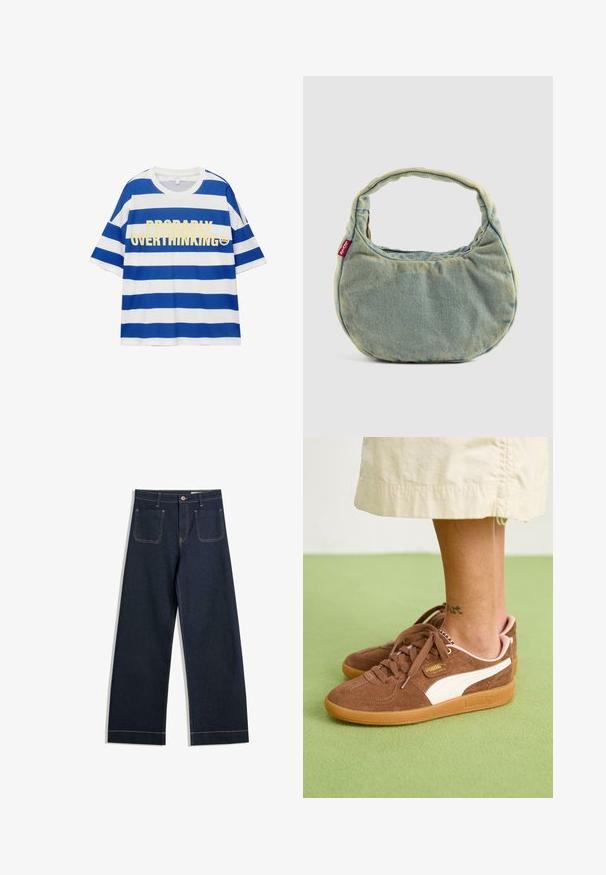 Pamukasta majica s plavim i bijelim horizontalnim prugama. Ima podebljani žuti natpis "PROBABILNO PREMIŠLJAM" i grafiku nasmijanog lica. Kratki rukavi.; Tamno plave široke traperice od denima s kontrastnim svijetlosmešavim šavovima, dva stražnja džepa i zatvaranjem na gumba u struku.; Smeđi nubuk tenesici s bijelim akcentom, gumeni potplat i ružičasti petni dio. Strogi vezovi i detalji oznake vidljivi. Tetovaža na gležnju djelomično vidljiva.; Svijetloplavi traper torba s kratkom podstavljenom drškom i malom crvenom Levi's oznakom s strane, postavljena na jednostavnu pozadinu.