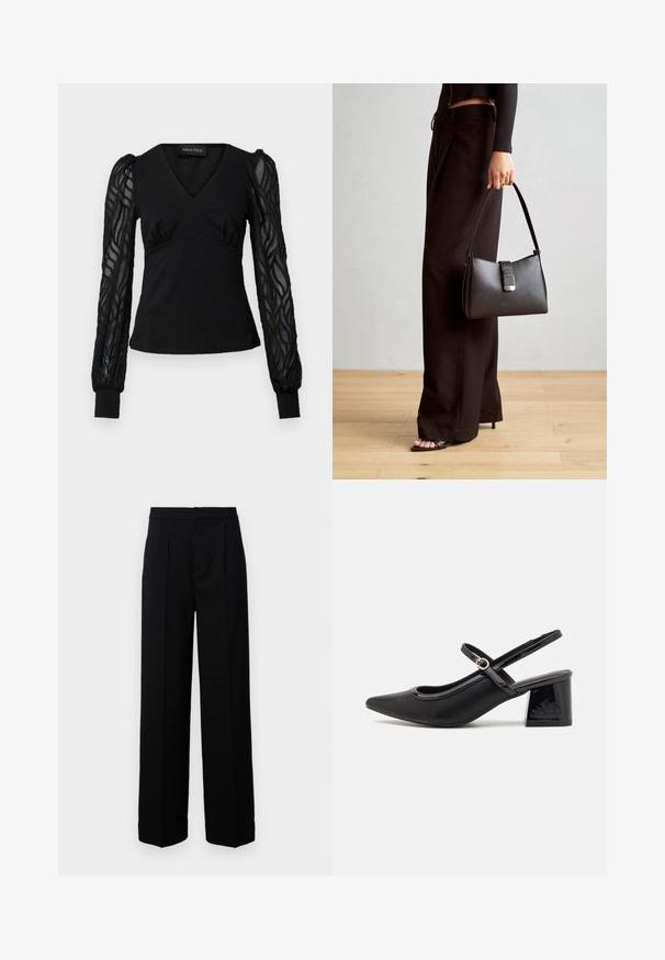 Schwarzes Oberteil mit V-Ausschnitt und figurbetontem Oberkörper, ausgestattet mit transparenten, strukturierten langen Ärmeln und geknöpften Enden. Glatter Stoff mit rüschendetaillierten Akzenten.; Schwarze weite Hosen mit glatter Textur, mit flacher Vorderseite, Falten und maßgeschneidertem Bund. Keine sichtbaren Beschläge oder Muster.; Schwarze Lackleder-Slingback-Absätze mit spitzer Zehenform, einem runden Ausschnitt-Design und einem Blockabsatz. Mit einem goldfarbenen Schnallenakzent.; Schwarze Handtasche mit strukturierter Form, glatter Textur und einem metallischen Verschluss. Kombiniert mit weiten schwarzen Hosen und offenen Sandalen auf einem Holzboden.