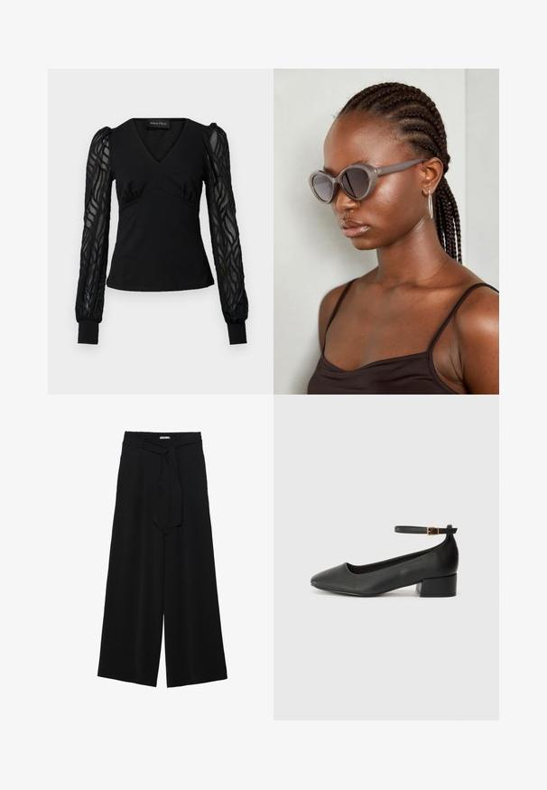 Juoda palaidinė su V formos iškirpte ir prigludusia liemene, turinti permatomus, tekstūrinius ilgus rankovės ir atsuktus galus. Lygus audinys su raukinių detalėmis.; Juoda plačių kojų kelnės, pagamintos iš tekstūruoto audinio, su elastingu juosmeniu ir atsegamu diržu juosmenyje, leidžiančiu reguliuoti dydį.; Juodas odinis aukštakulnis batelis su smailiu pirštu ir žemu bloku. Su kulkšnies dirželiu su auksinės spalvos sagtimi. Lygus paviršius.; Pilki per dideli akiniai suapvalinta forma ir tamsiais lęšiais. Išskirtinės plastikinės rėmo formos glotnus paviršius. Modelis turi nertas plaukus.