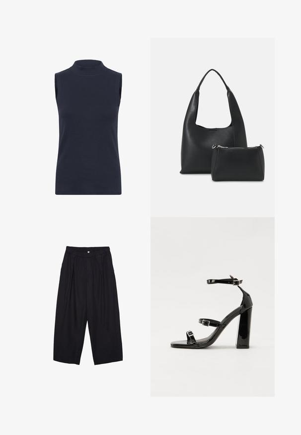Námořnická bezrukávová roláková top s jemně žebrovanou tkaninou, který má těsně padnoucí střih a hladkou strukturu. Žádné viditelné vzory nebo dekorace.; Černé polyesterové culotte kalhoty s elastickým pasem, dvěma předními sklady a volným siluetou. Žádné viditelné vzory ani kovové detaily.; Černé lakované sandály na podpatku se čtveratou špičkou, lýtkovými pásky a stříbrnými přezkami. Disponují masivním blokovým podpatkem pro stabilitu.; Even&Odd Kabelka - black