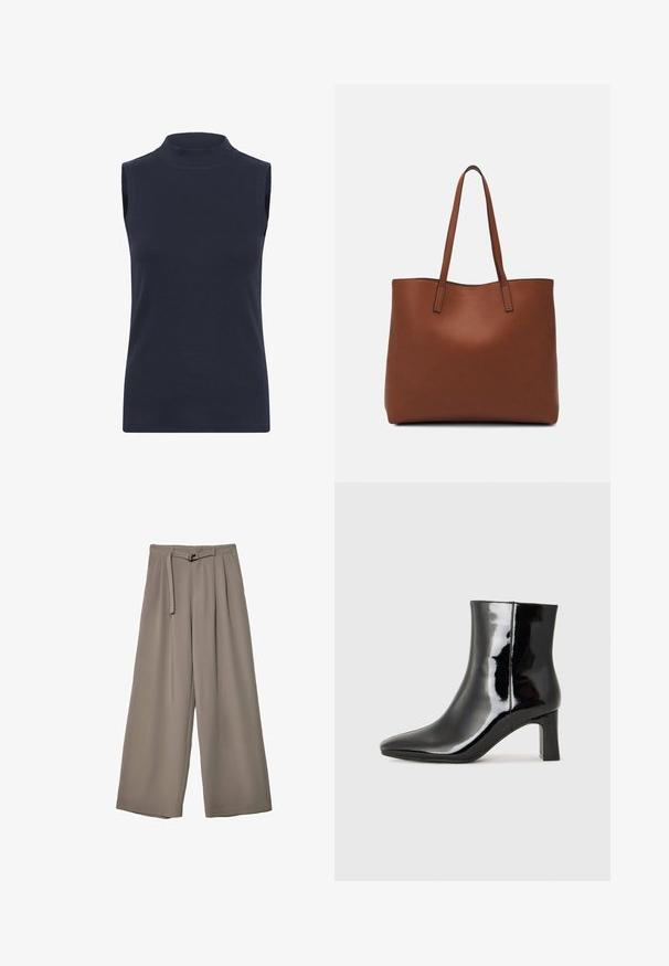 Navy sleeveless turtleneck top made of ribbed fabric, featuring a close-fitting design and smooth texture. No visible patterns or embellishments.; Wide-leg trousers in a soft, muted grey fabric, featuring a belted waist and pleats for added design detail. Smooth texture, no patterns.; Black patent leather ankle boot with a pointed toe and a mid-height block heel. Smooth texture and minimalist design.; Brown leather tote bag with a smooth texture, open top design, and two shoulder straps. Features minimal stitching and no visible hardware.