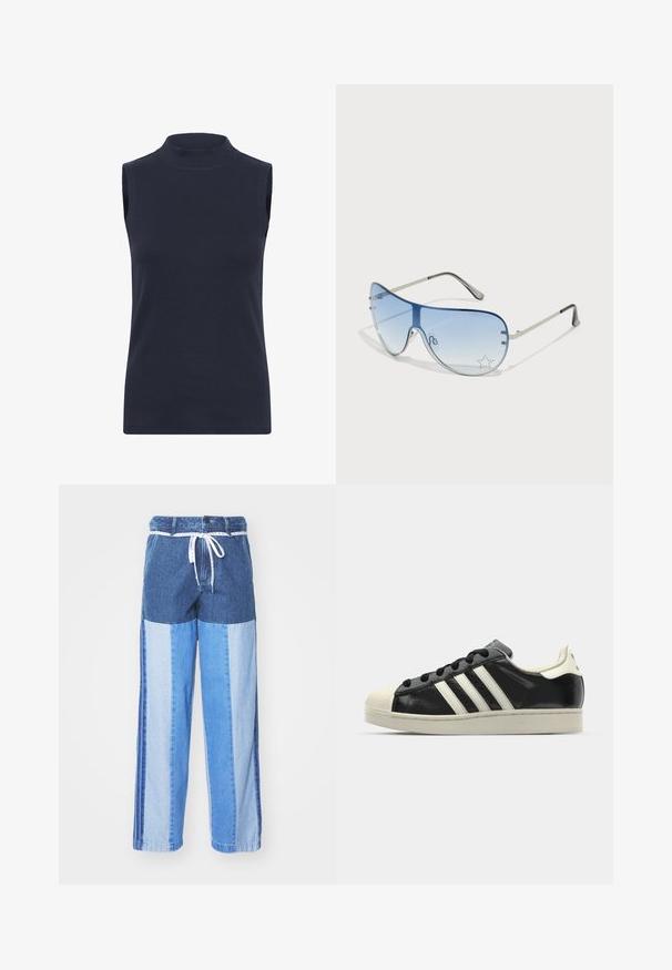 Jūras spēku tumši zila bezpiedurkņu turtlenecka topa izgatavošana no ribotā auduma, ar pieguļošu dizainu un gludu tekstūru. Nav redzami raksti vai rotājumi.; Zilā džinsa bikses ar pārlikuma dizainu, kas sastāv no dažādiem zilās krāsas toņiem, ar auklu jostu un brīvām, taisnām kājām.; Melna ādas sporta apava ar baltām svītrām, gumijas purngala aizsardzību, melnām auklām un krēma krāsas zoli. Gluda tekstūra ar spīdīgu apdari.; Pilotstila saulesbrilles ar gradienta zilām lēcām, sudraba metāla rāmjiem un dekoratīvām zvaigžņu akcentiem uz lēcām. Gluda un eleganta dizaina.