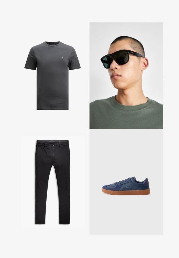 AllSaints BRACE CREW - Basic póló - CARTER GREY; Fekete pamut chinos nadrág tapered fit szabással, öt zsebbel, övhurkokkal és sima textúrával. Cipzáras kivágás gombos záródással.; Tengerészeti kék sneaker bőrből és hasított bőrből készült, gumitalppal, kerek orral és fűzős záródással, az oldalon márkázási részlettel.; Fekete, téglalap alakú napszemüveg sötét lencsékkel, jellegzetes formával és márkajelzéssel a szárán. Zöld inget viselő személynél.